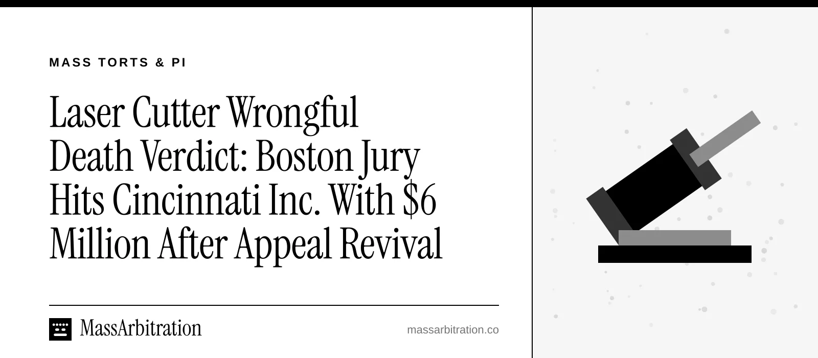 Branded card: the headline beside a gavel icon