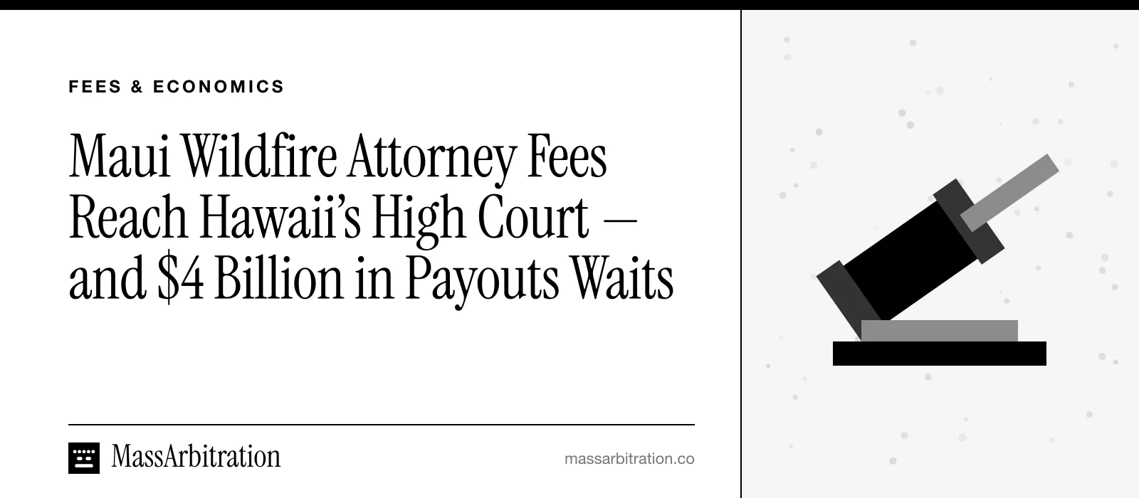 Branded card: the headline beside a gavel icon representing a fee and damages ruling