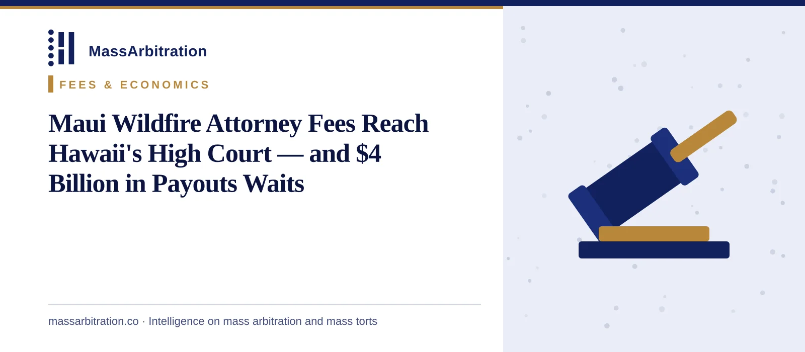 Branded card: the headline beside a gavel icon representing a fee and damages ruling