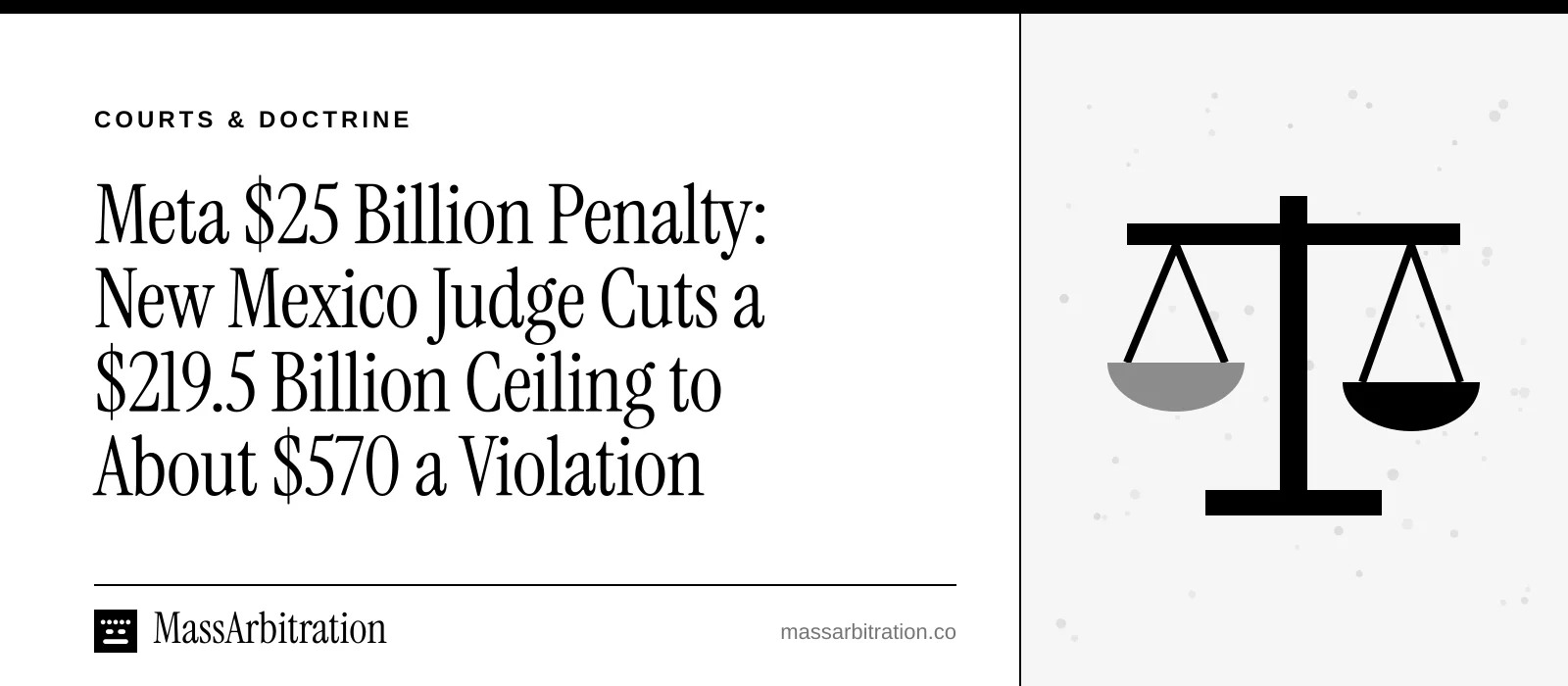 Branded card: the headline beside a balance-scales icon marking a court penalty ruling