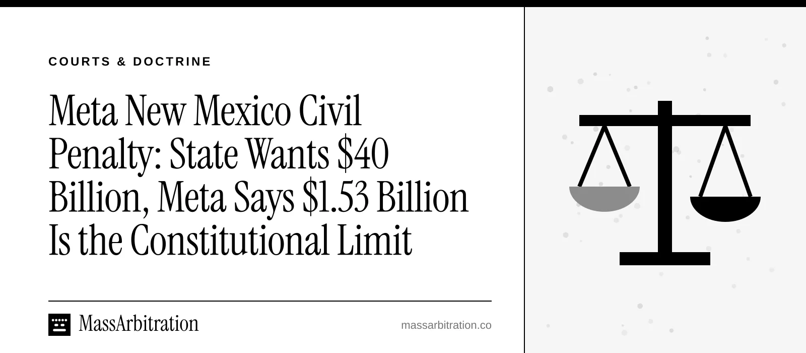 Branded card: the headline beside a balance-scales icon marking a court penalty ruling