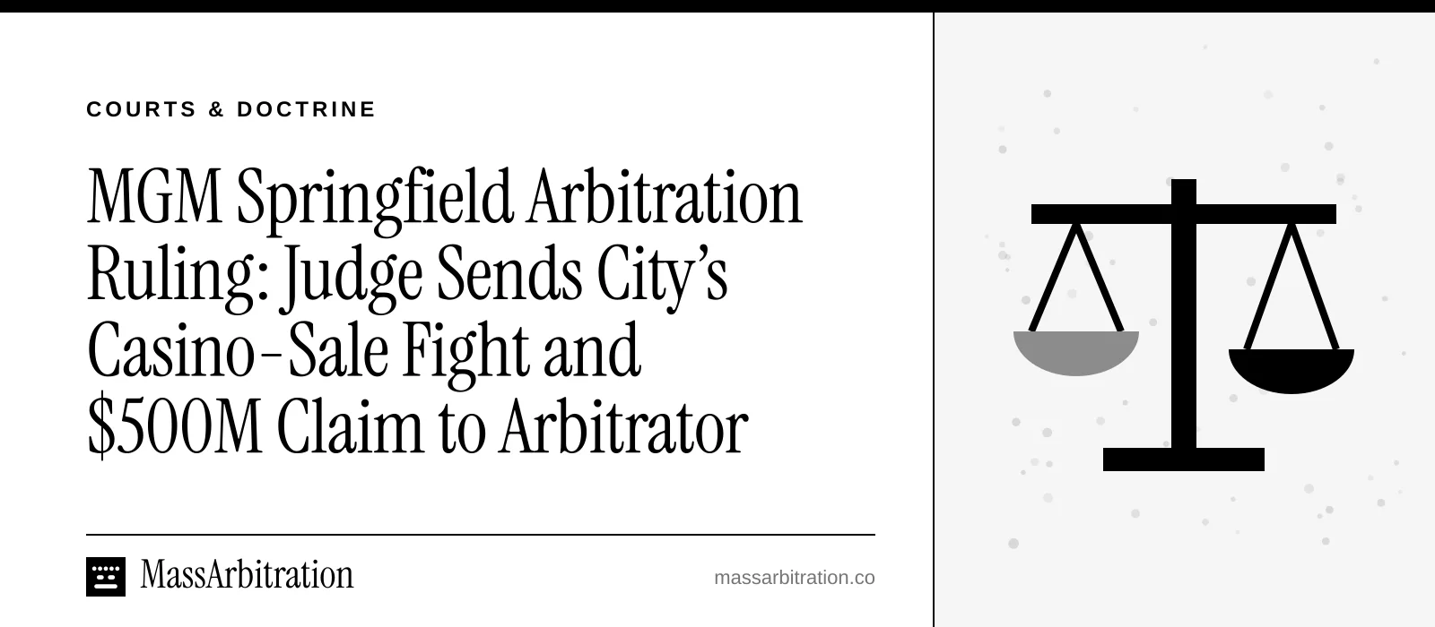 Branded card: the headline beside a scales of justice icon