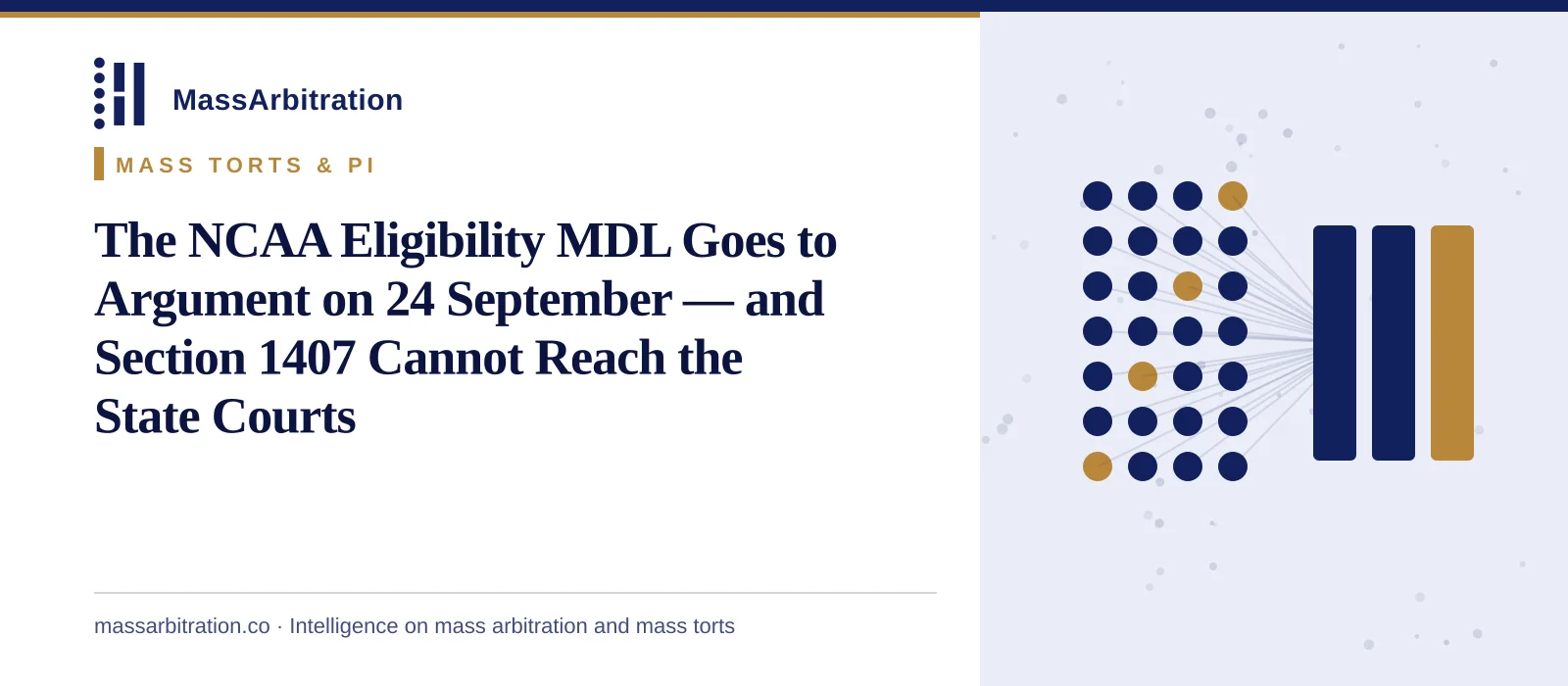Branded card: the headline beside a converge icon representing parallel actions drawn into one docket