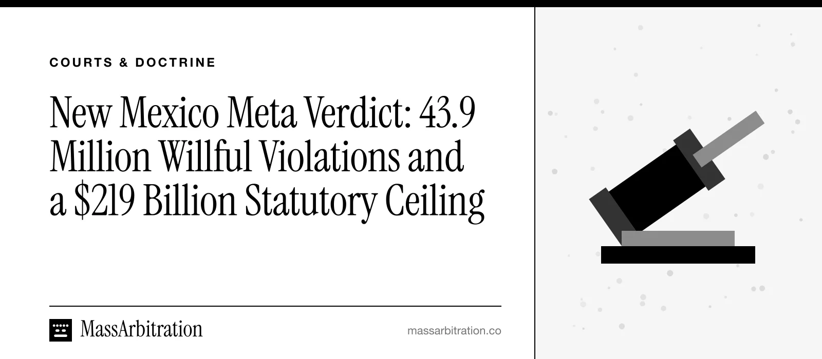 Branded card: the headline beside a gavel icon marking a jury verdict and damages phase