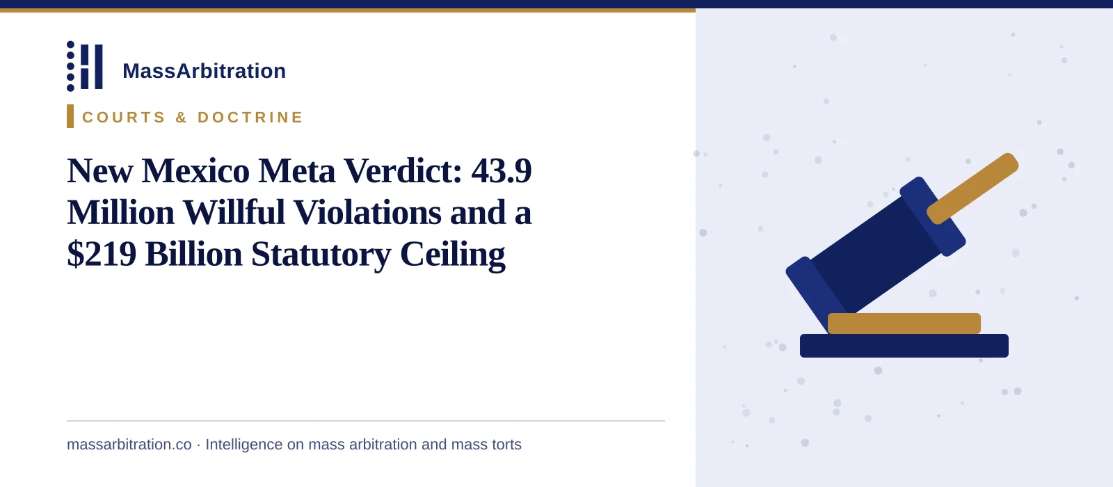 Branded card: the headline beside a gavel icon marking a jury verdict and damages phase