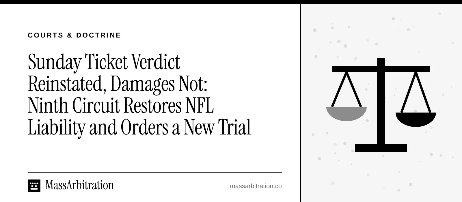 Branded card: the headline beside a scales of justice icon