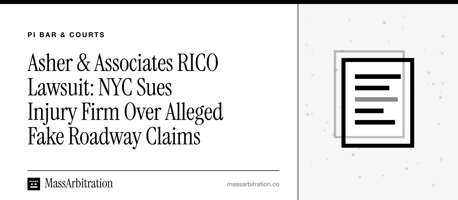 Branded card: the MassArbitration wordmark, a PI Bar & Courts kicker, and the headline beside a docket icon marking a new court filing