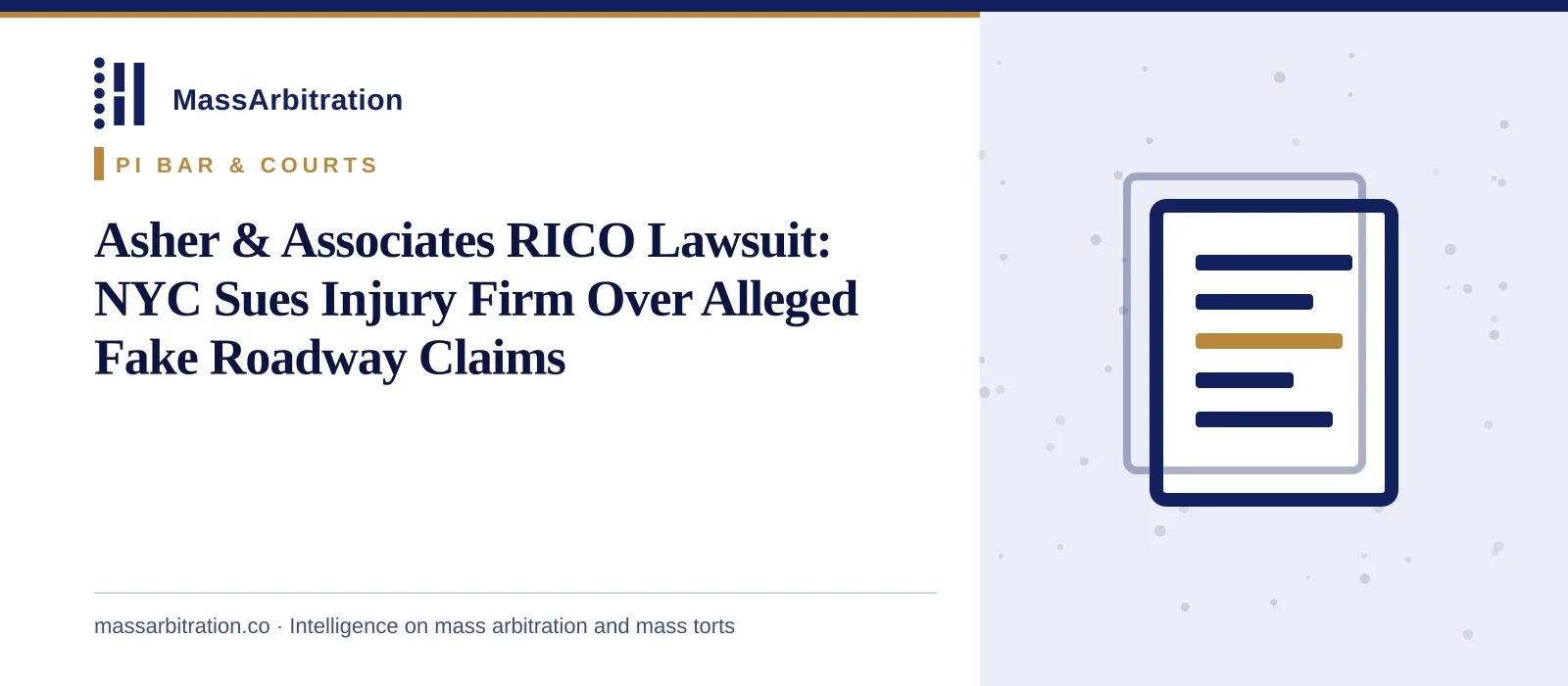 Branded card: the MassArbitration wordmark, a PI Bar & Courts kicker, and the headline beside a docket icon marking a new court filing