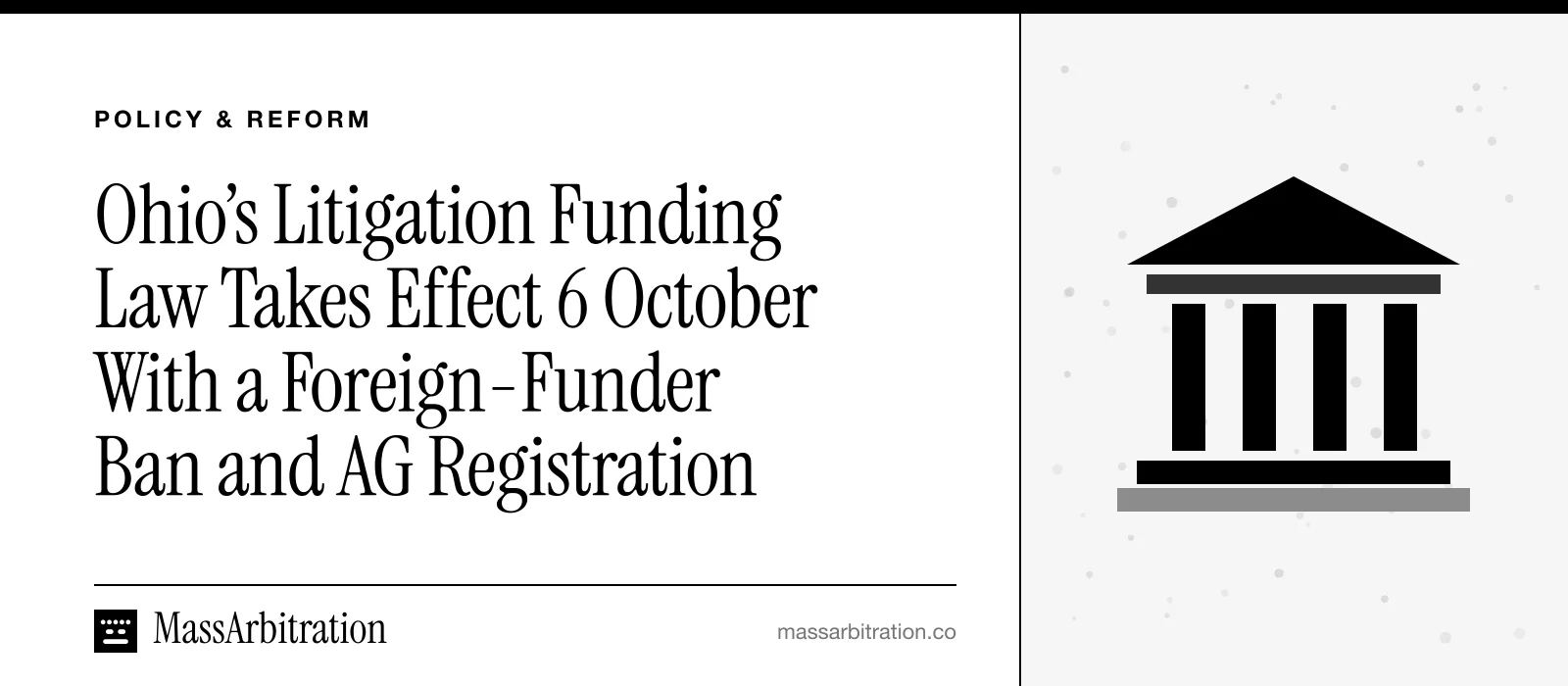 Branded card: the headline beside a courthouse icon