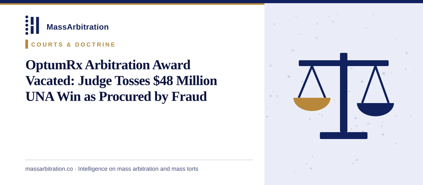 Branded card: the MassArbitration wordmark, a Courts & Doctrine kicker, and the headline beside a scales icon marking a court ruling