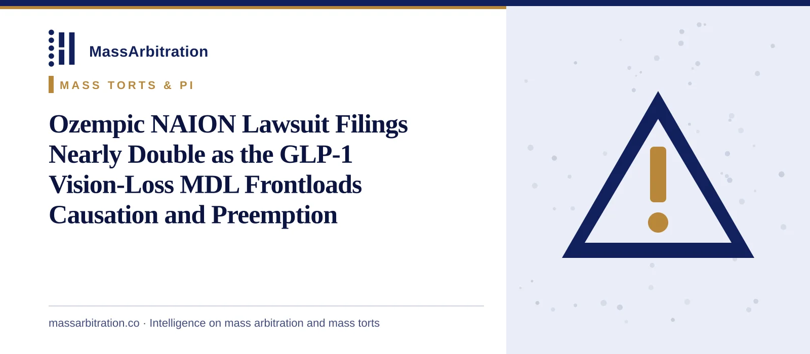 Branded card: the MassArbitration wordmark, a Mass Torts & PI kicker, and the headline beside a hazard-triangle icon