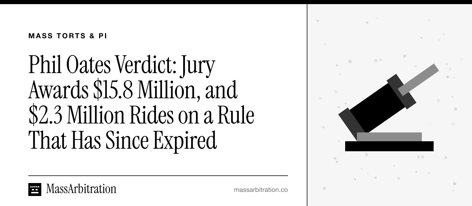 Branded card: the headline beside a gavel icon