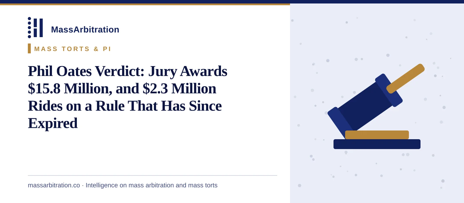 Branded card: the headline beside a gavel icon