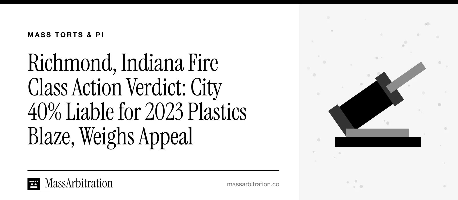 Branded card: the headline beside a gavel icon marking a jury verdict