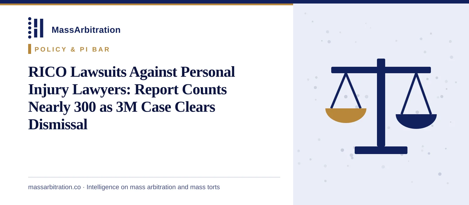 Branded card: the MassArbitration wordmark, a Policy & PI Bar kicker, and the headline beside a scales icon marking a court ruling