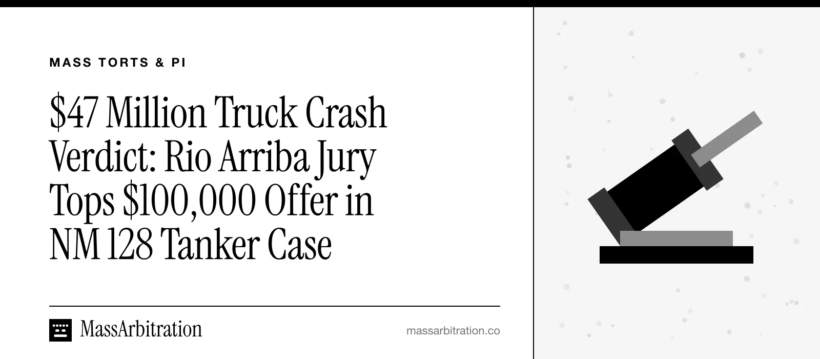 Branded card: the headline beside a gavel icon