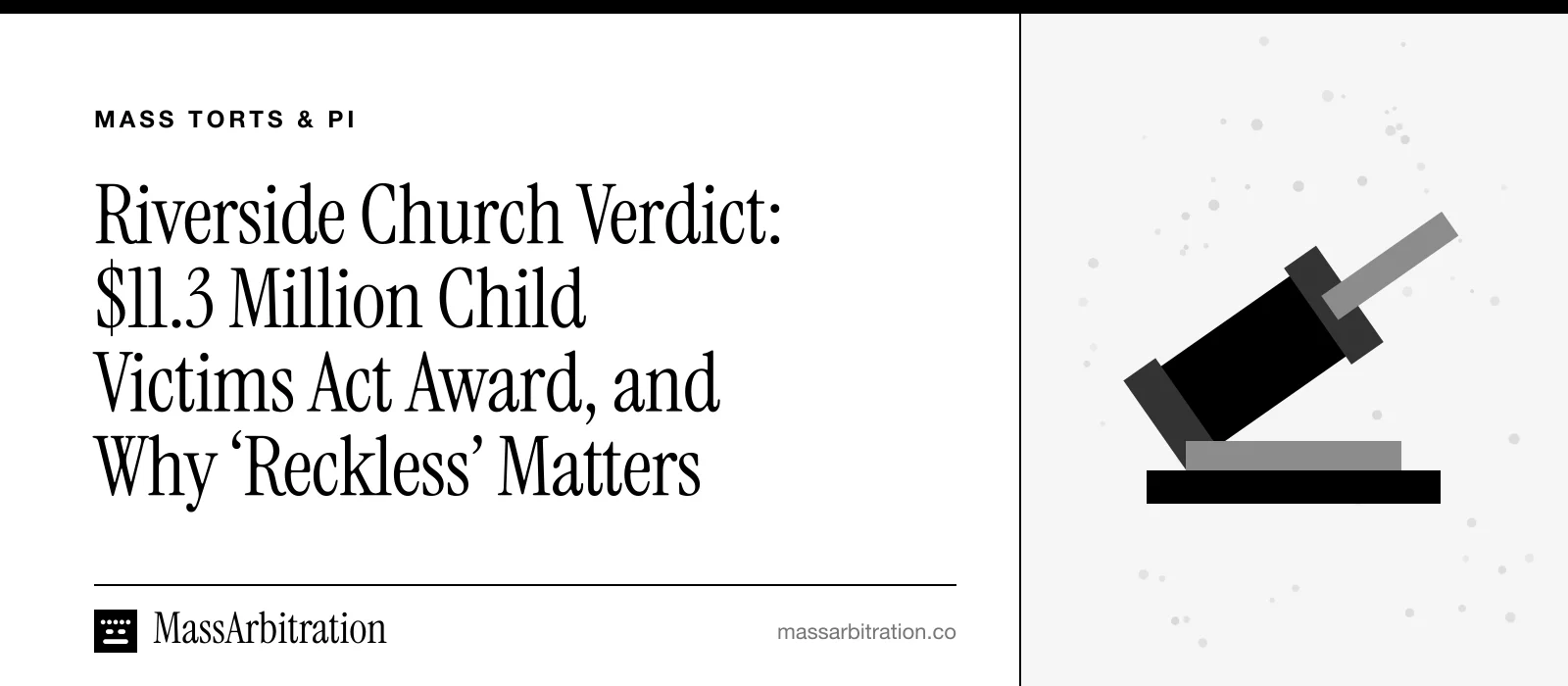 Branded card: the headline beside a gavel icon marking a jury verdict