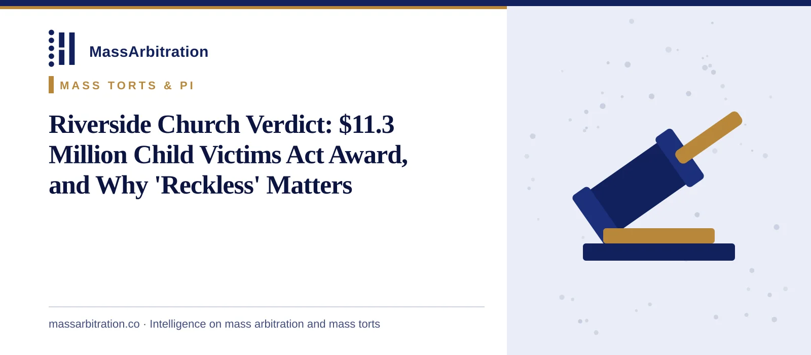 Branded card: the headline beside a gavel icon marking a jury verdict
