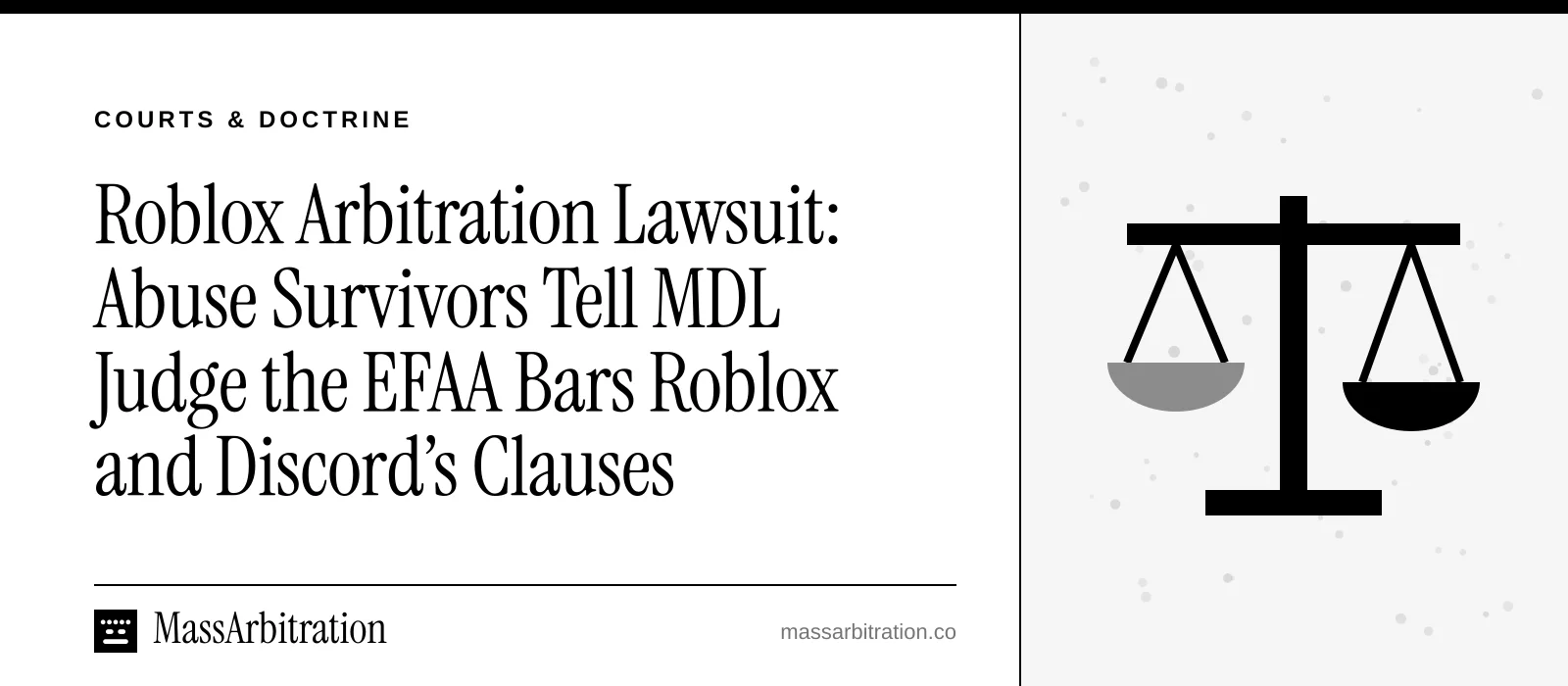 Branded card: the headline beside a scales of justice icon