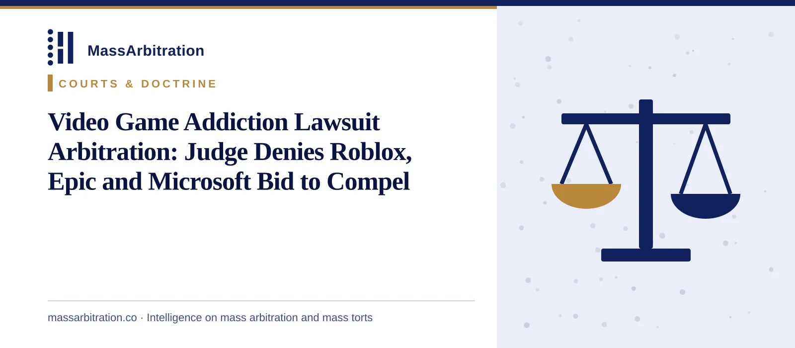 Branded card: the headline beside a scales icon representing a contested court ruling