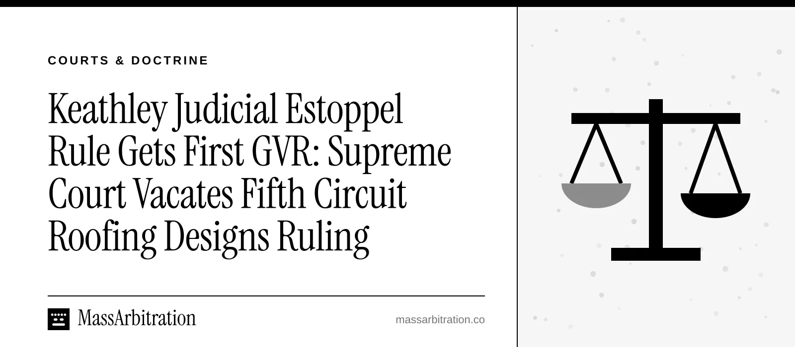 Branded card: the headline beside a scales icon marking a court ruling