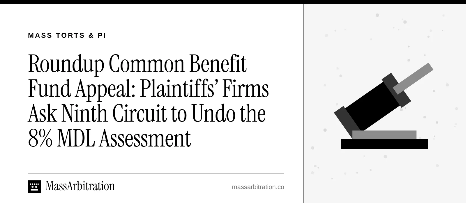 Branded card: the headline beside a gavel icon