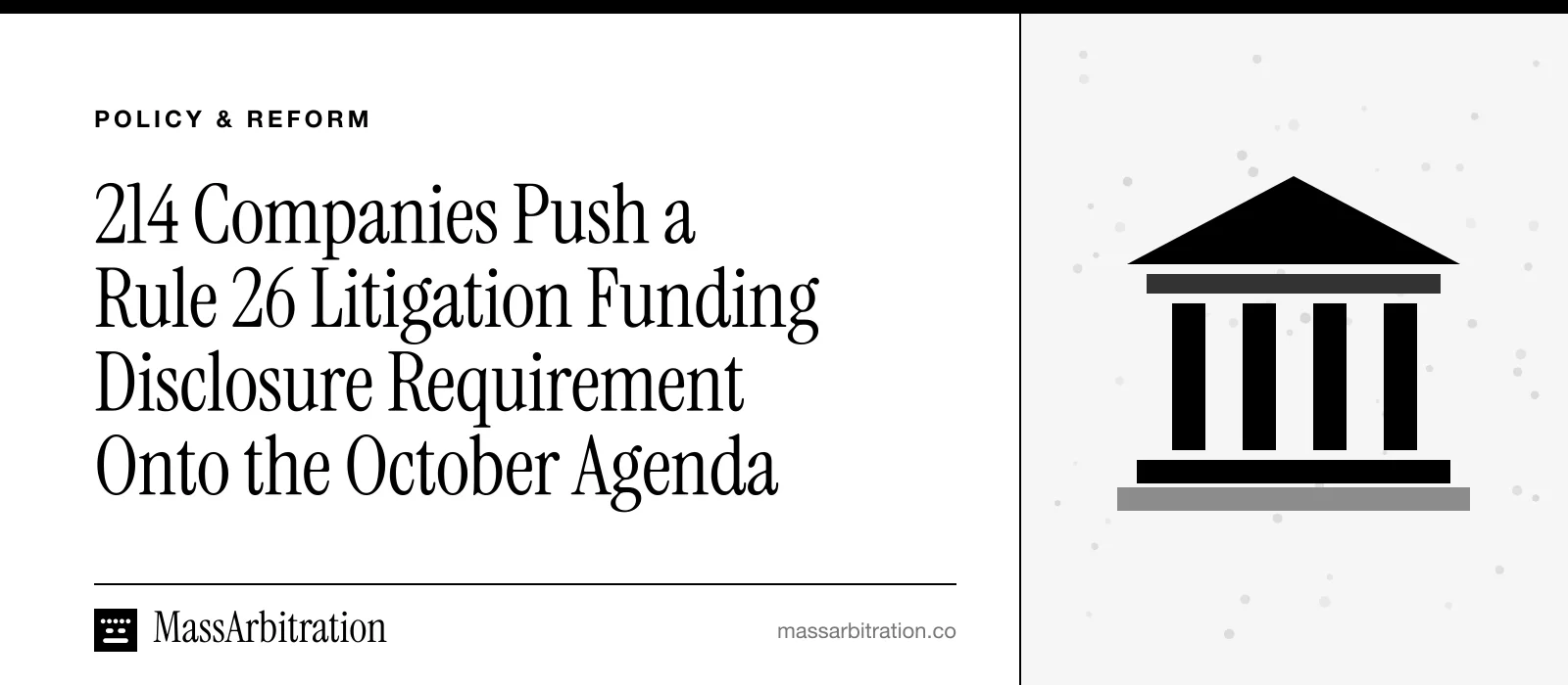 Branded card: the headline beside a courthouse icon