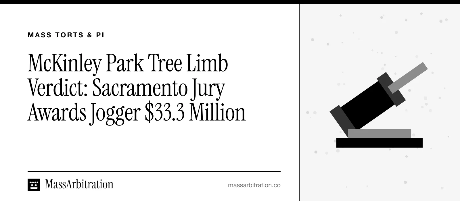 Branded card: the headline beside a gavel icon