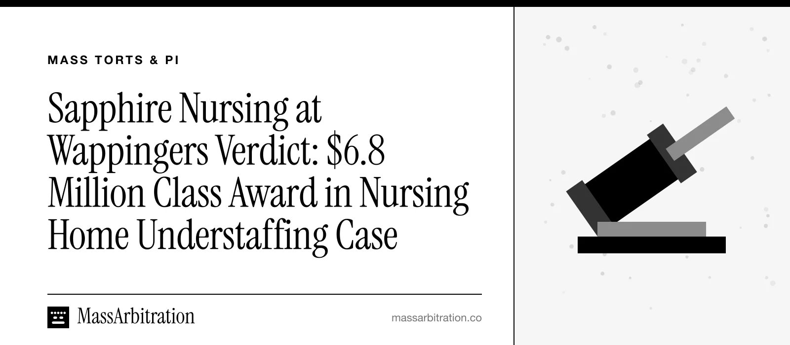 Branded card: the headline beside a gavel icon marking a jury verdict