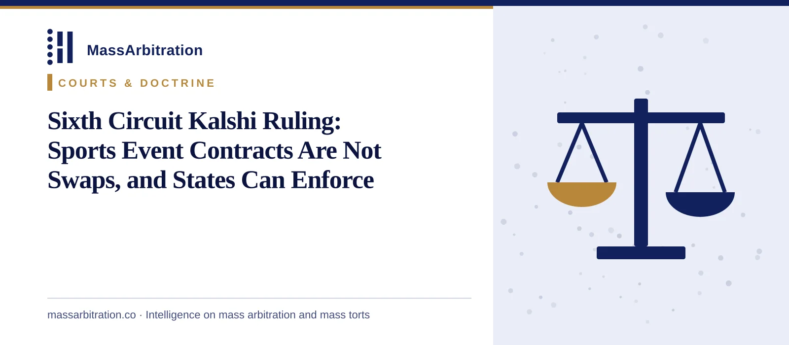 Branded card: the MassArbitration wordmark, a Courts & Doctrine kicker, and the headline beside a scales icon marking a court ruling