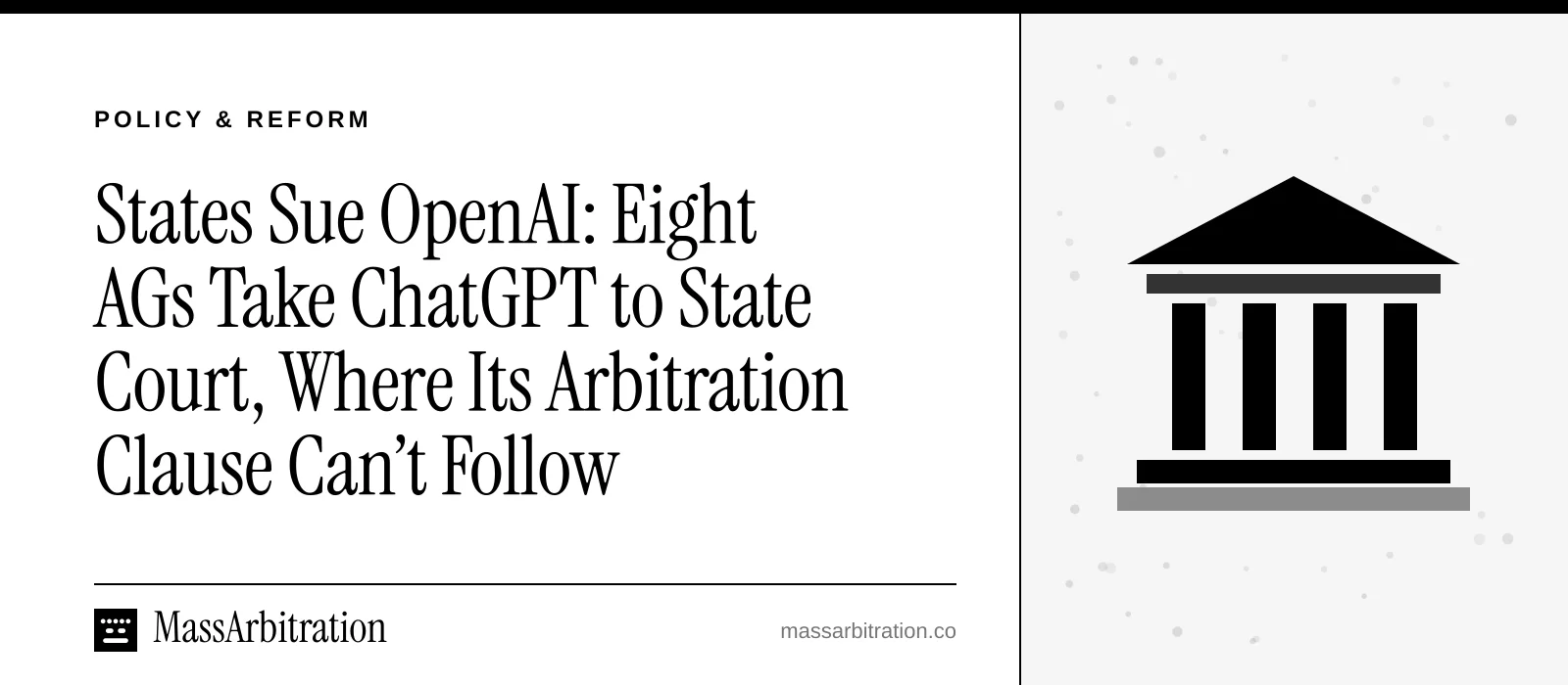 Branded card: the headline beside a courthouse icon