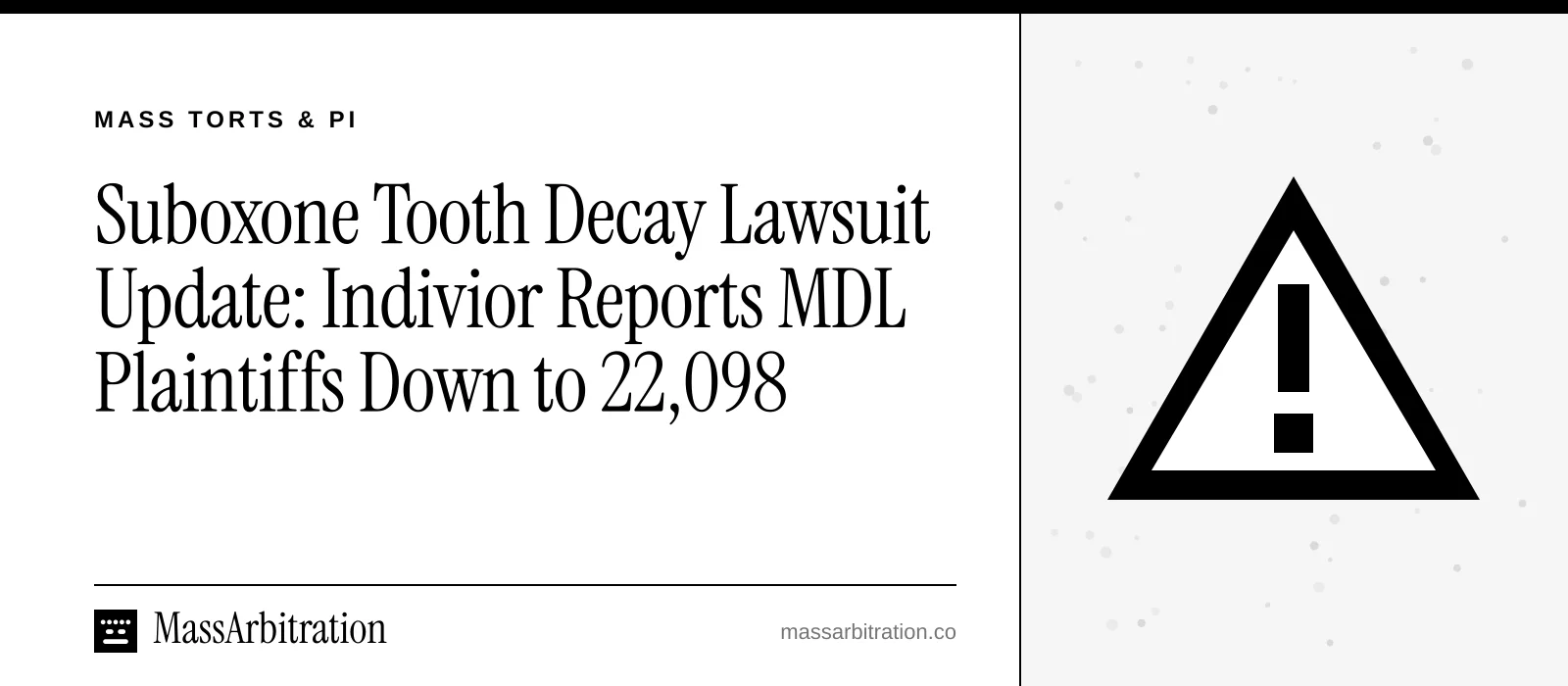 Branded card: the headline beside a hazard icon representing a drug product liability case