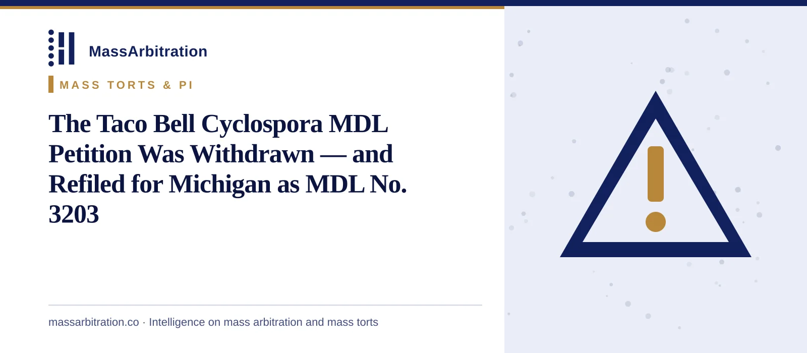 Branded card: the headline beside a hazard icon representing a mass tort product case