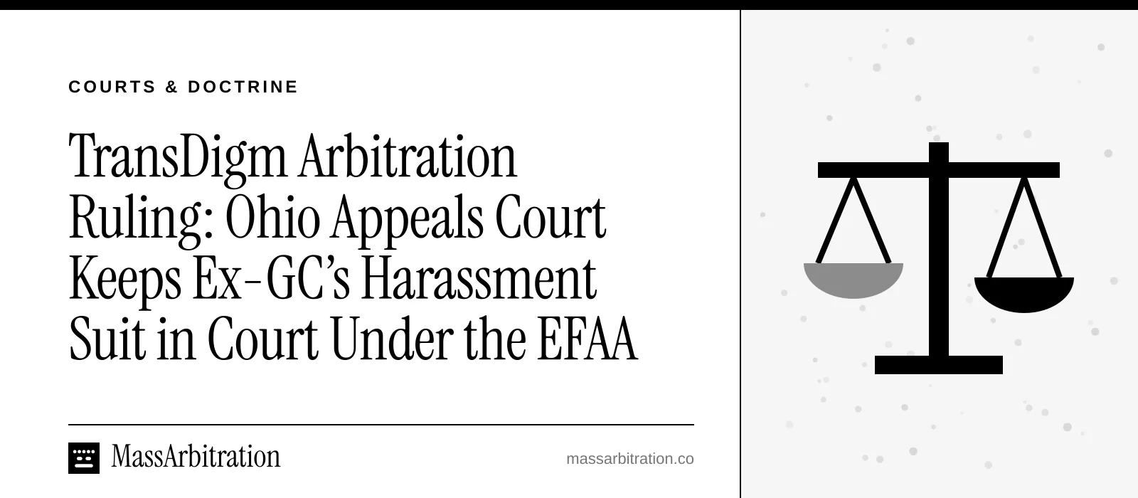 Branded card: the headline beside a scales-of-justice icon marking a state appellate court ruling