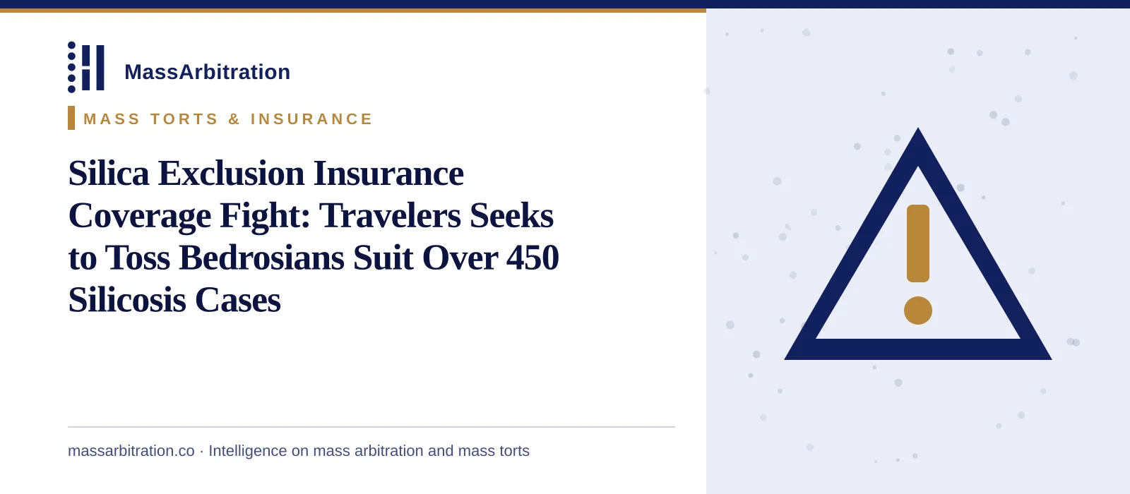 Branded card: the MassArbitration wordmark, a Mass Torts & Insurance kicker, and the headline beside a hazard icon marking a toxic exposure case