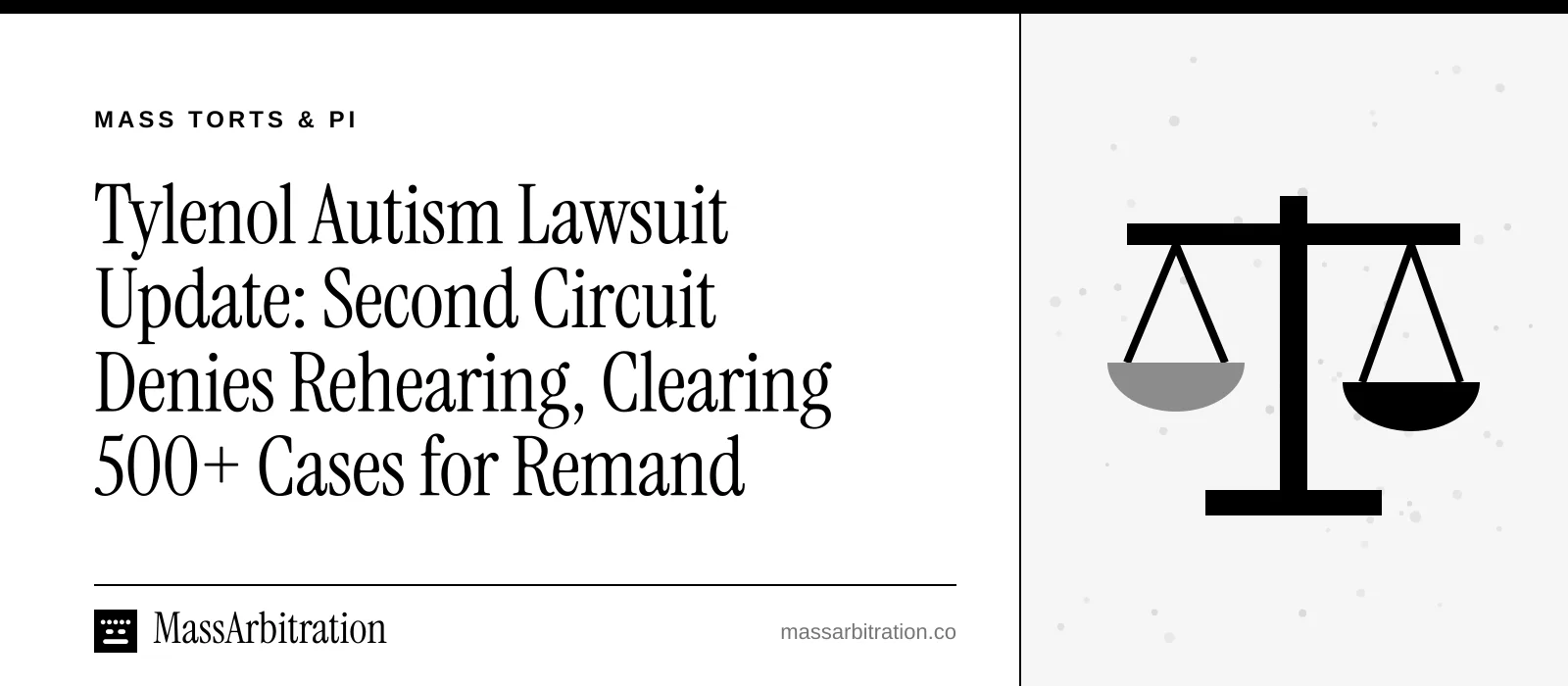 Branded card: the headline beside a scales of justice icon