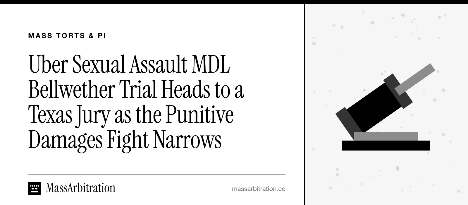 Branded card: the headline beside a gavel icon
