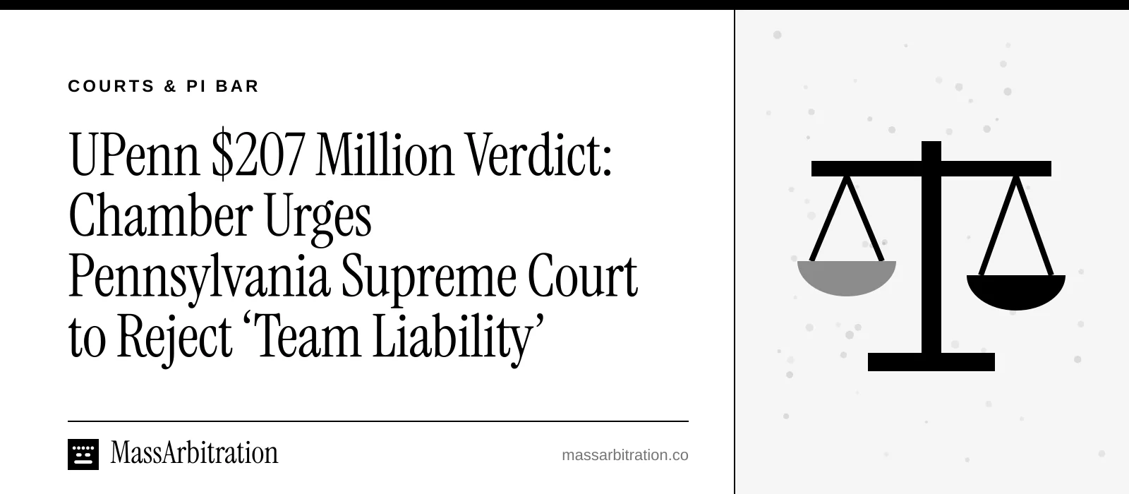 Branded card: the headline beside a scales-of-justice icon