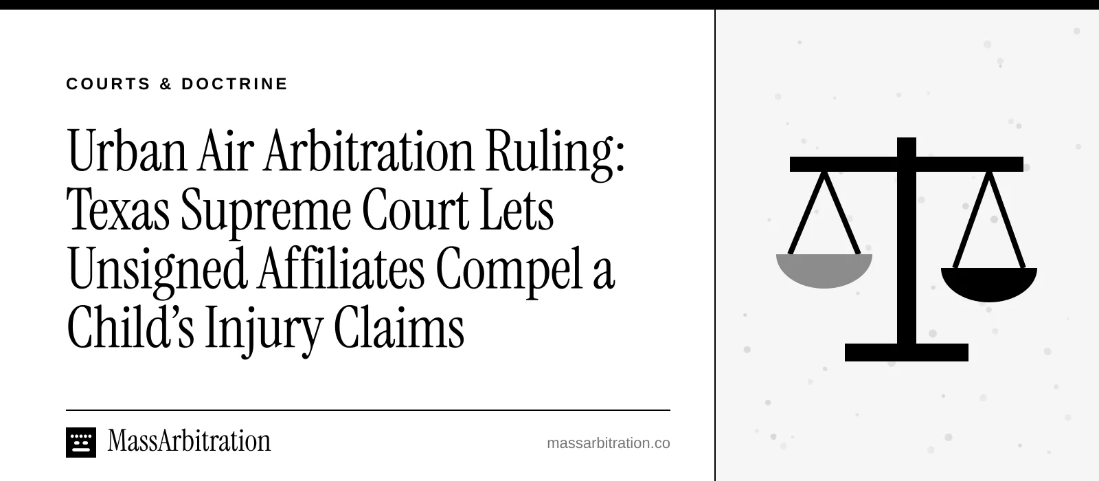 Branded card: the headline beside a scales of justice icon representing a court ruling