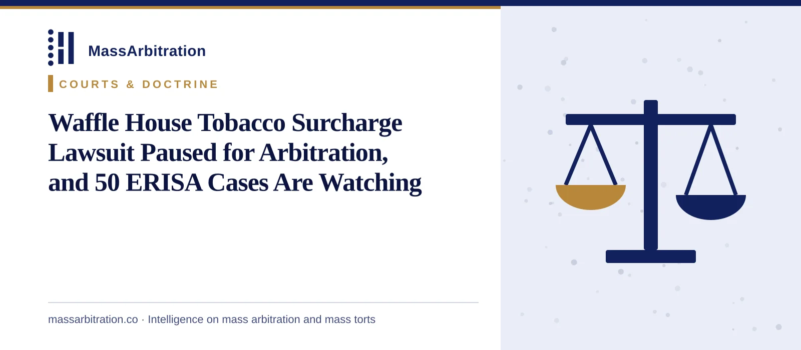 Branded card: the MassArbitration wordmark, a Courts & Doctrine kicker, and the headline beside a scales icon marking a court ruling