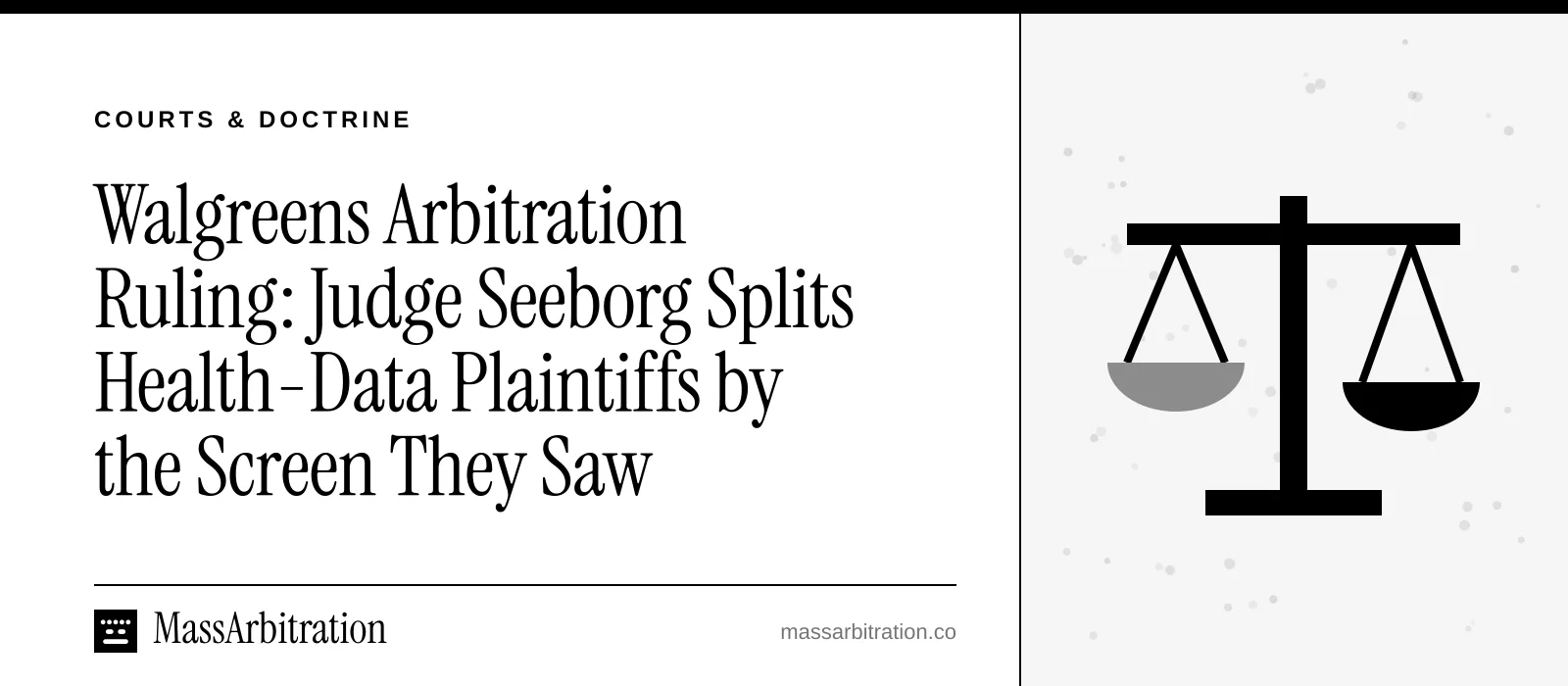 Branded card: the headline beside a scales of justice icon