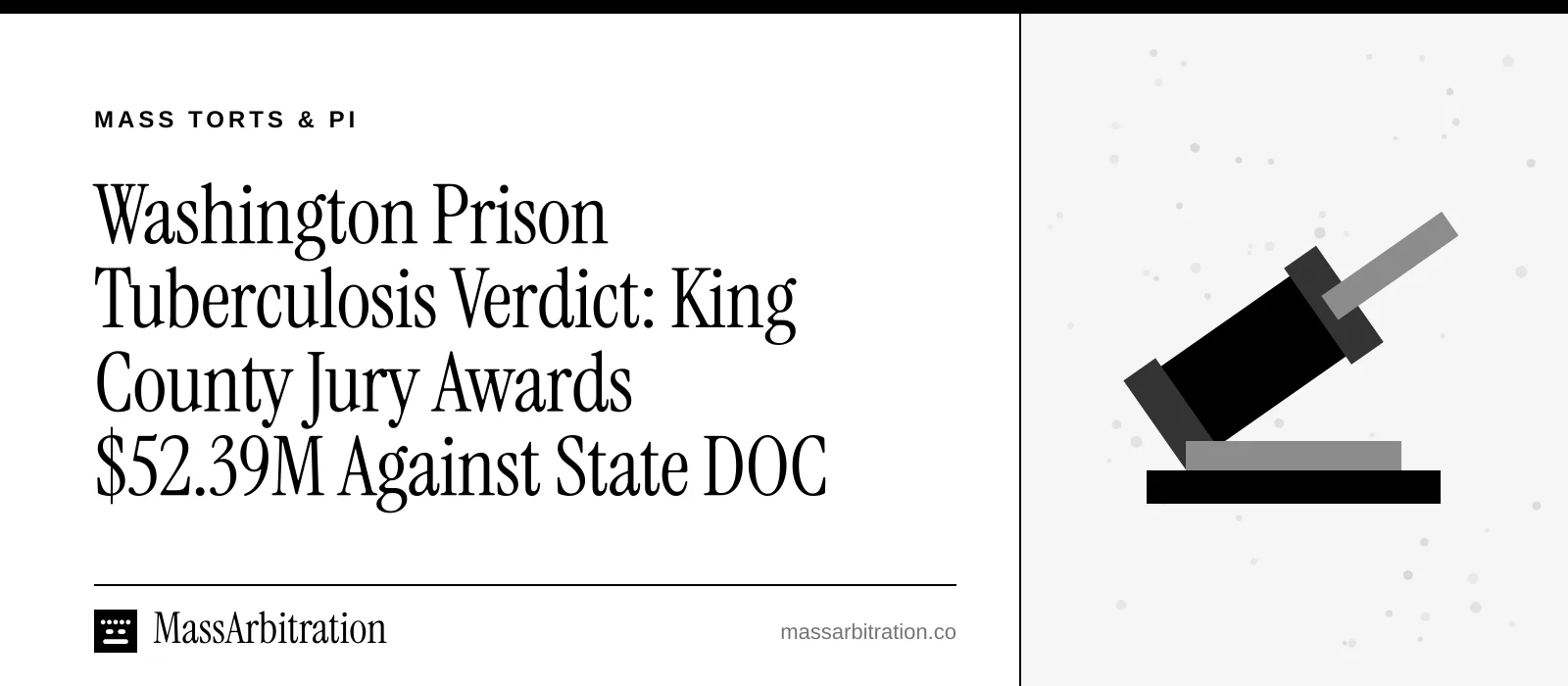 Branded card: the headline beside a gavel icon representing a jury verdict