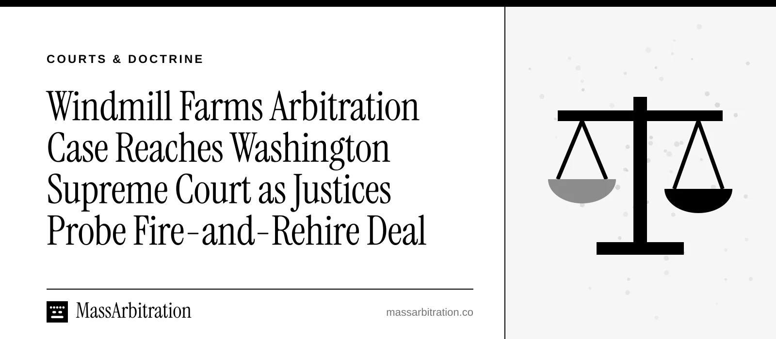 Branded card: the headline beside a scales of justice icon
