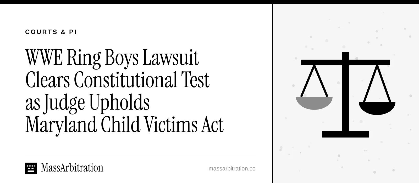 Branded card: the headline beside a scales-of-justice icon marking a court ruling