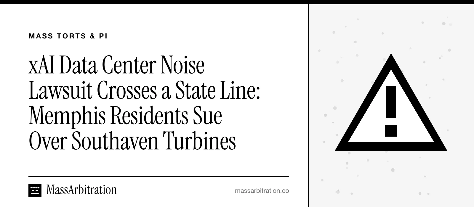 Branded card: the MassArbitration wordmark, a Mass Torts & PI kicker, and the headline beside a hazard icon marking a toxic exposure and nuisance case