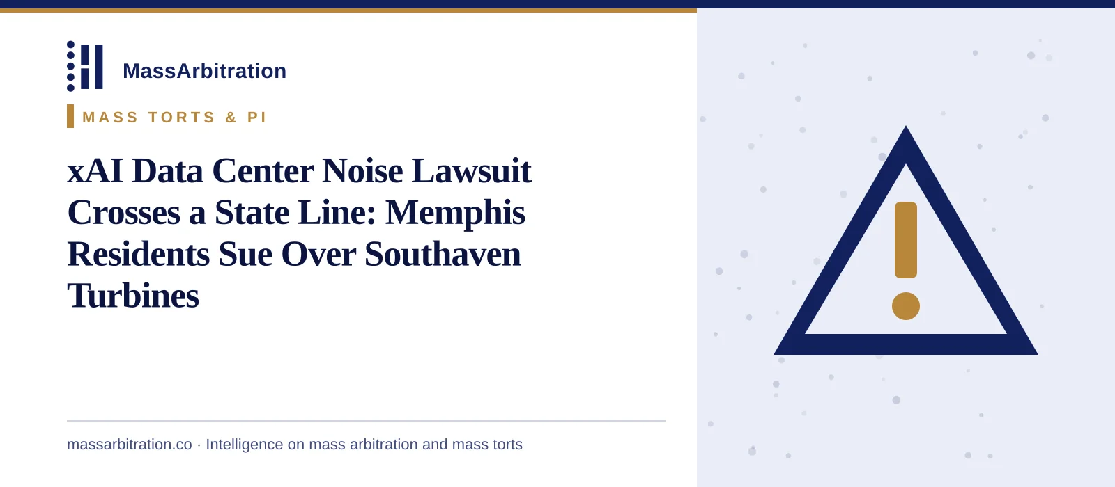 Branded card: the MassArbitration wordmark, a Mass Torts & PI kicker, and the headline beside a hazard icon marking a toxic exposure and nuisance case