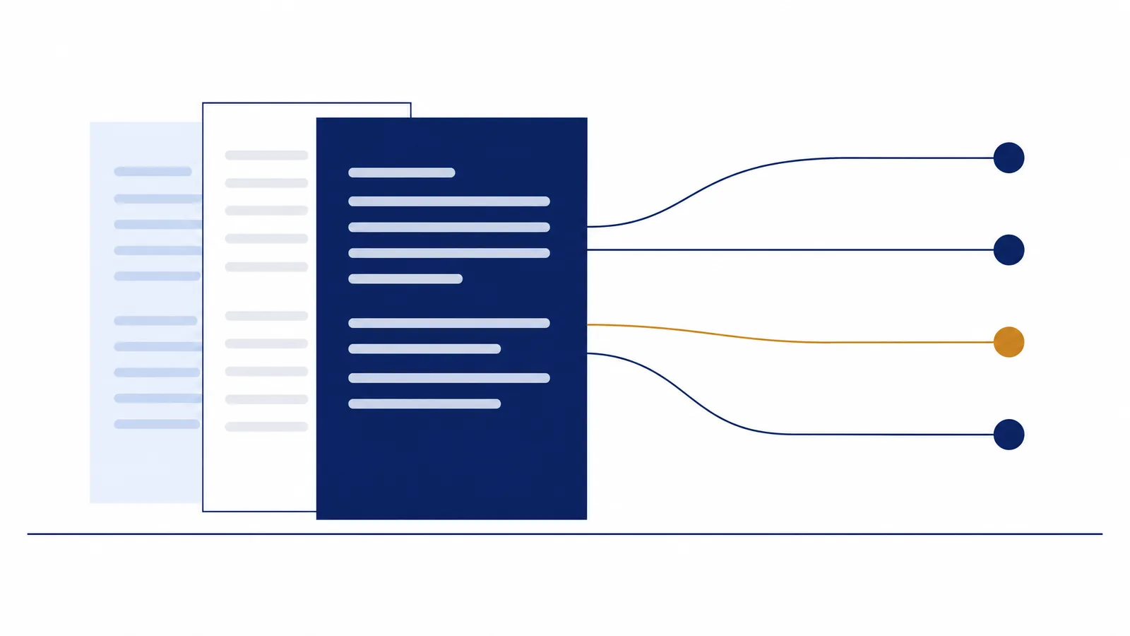 Overlapping document panels with citation lines arcing out to source markers