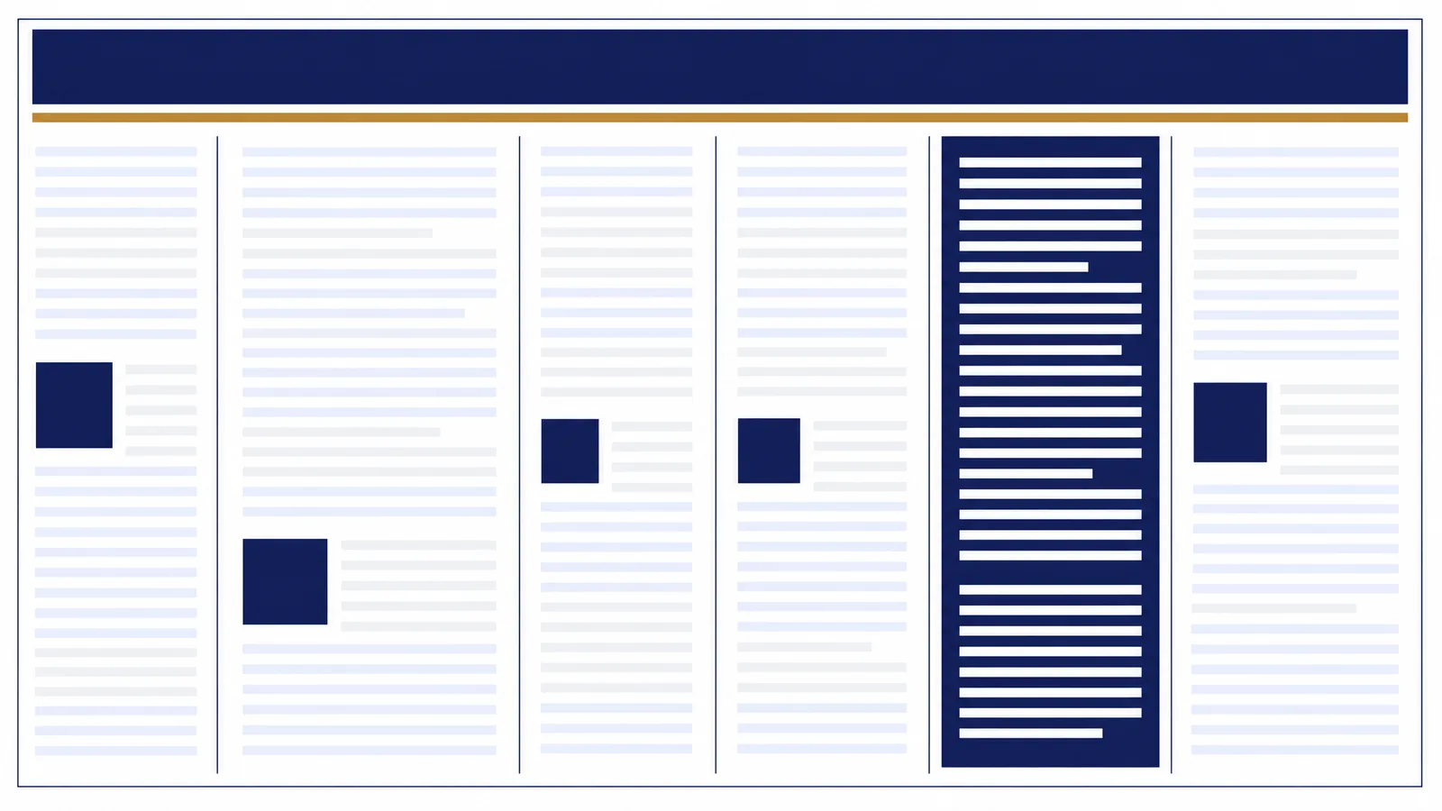 An abstracted broadsheet spread with one column set in navy as the lead story
