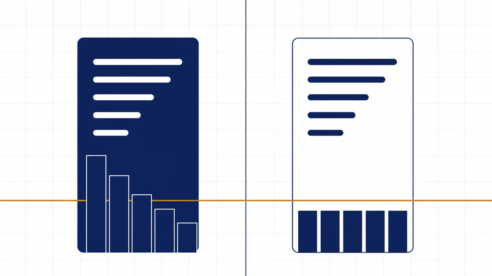 Two rulebooks facing each other, each with a stepped fee ladder crossed by a single amber threshold line